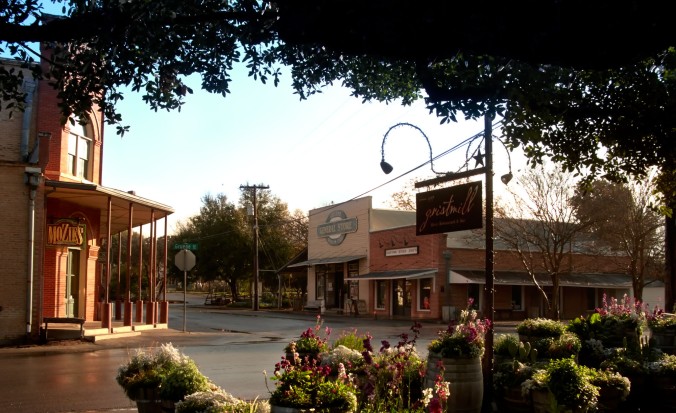 Early morning on Gruene's main corner. The merchantile building is to the left and the Gristmill is the former Cotton Gin now a restaurant with 11 distinct dining areas.